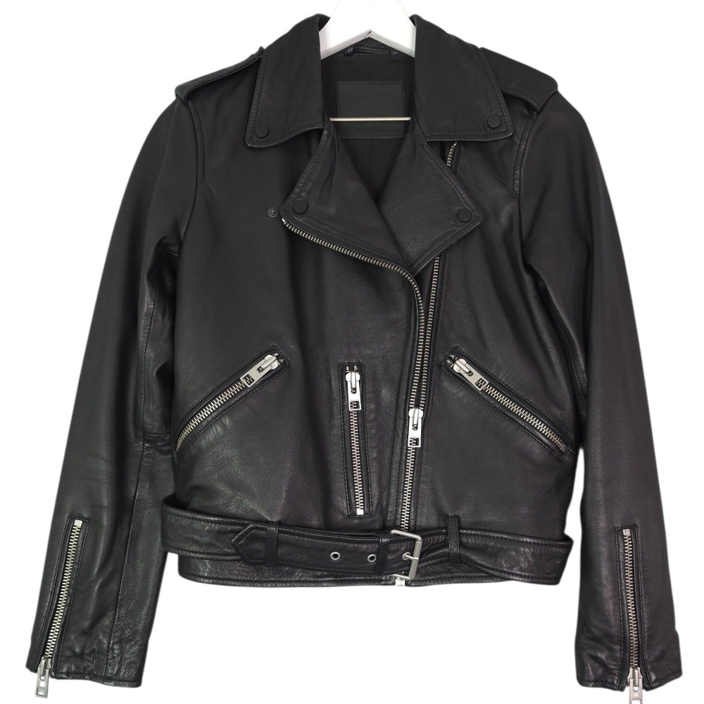 AllSaints Balfern Biker Jacket Women 6 Black Sheep Leather Moto Asymmetrical Zip